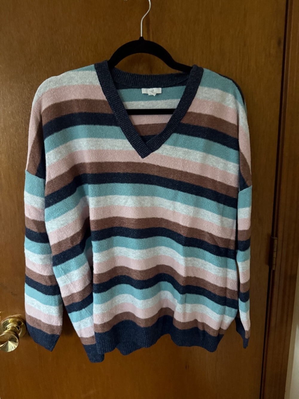 J. Jill V-Neck Striped Sweater in Teal, Pink, Navy, Brown, and Cream